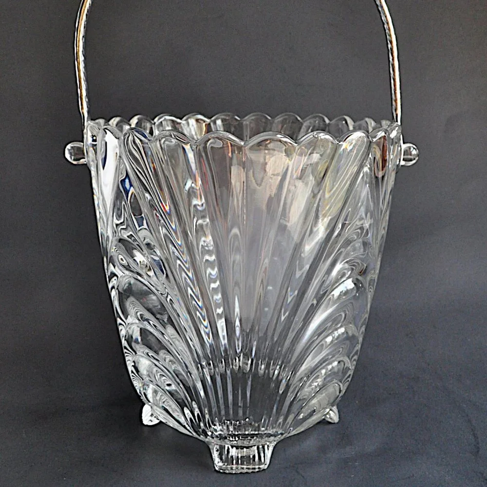 Cambridge Caprice Clear Glass Ice Bucket Hammered Handle Vintage Elegant Optic
